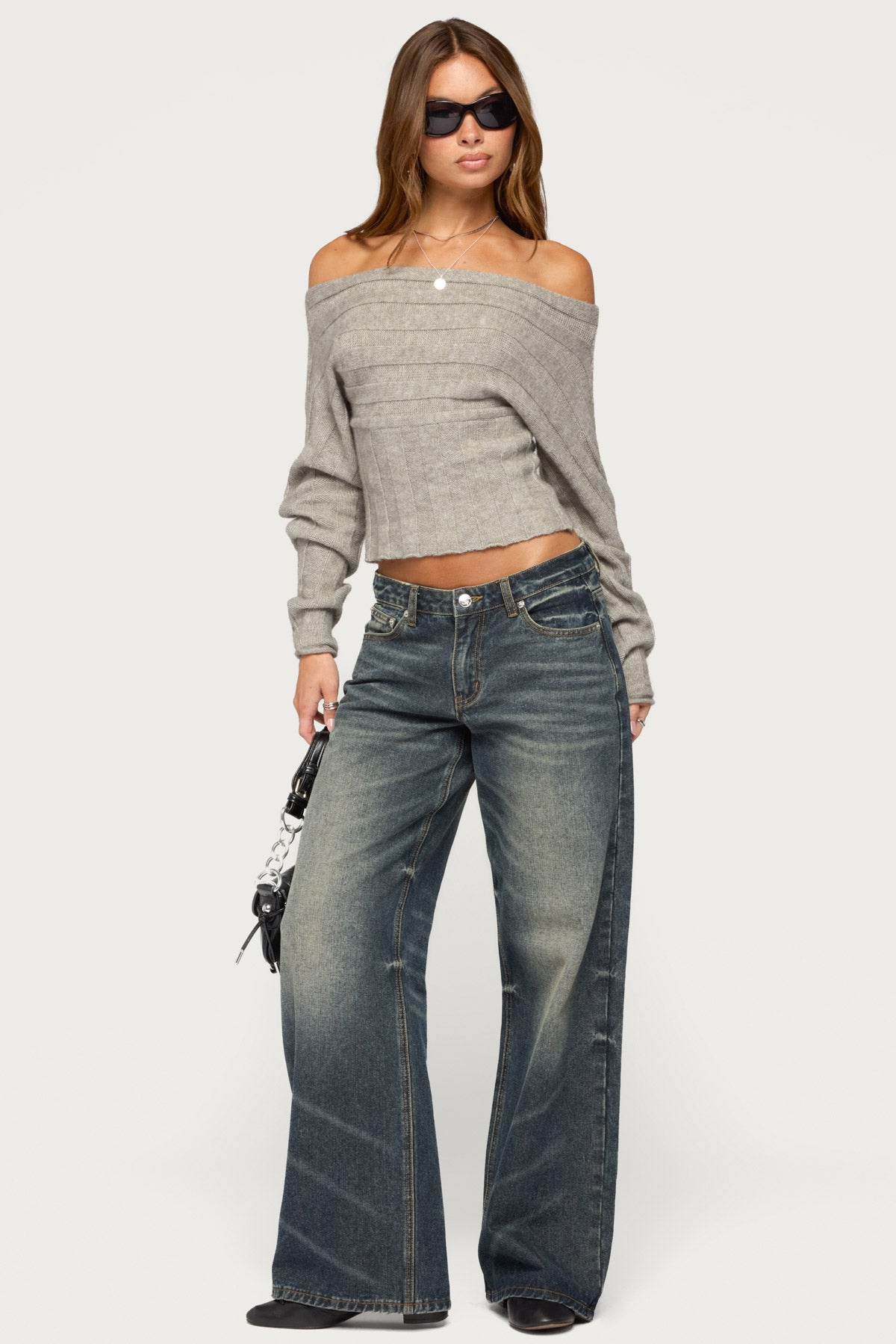 Leva Off Shoulder Knitted Sweater - GRAY-MELANGE