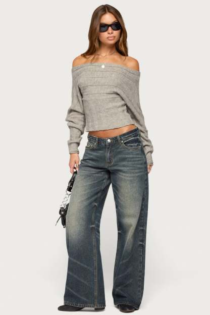 Leva Off Shoulder Knitted Sweater - GRAY-MELANGE