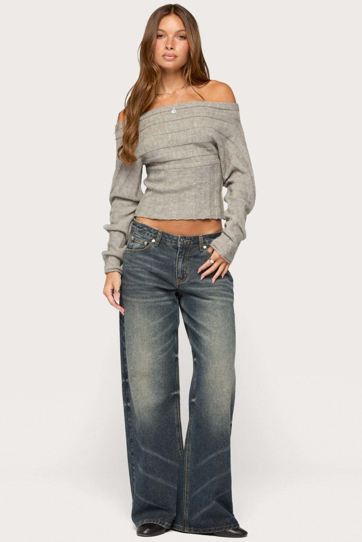 Leva Off Shoulder Knitted Sweater - GRAY-MELANGE