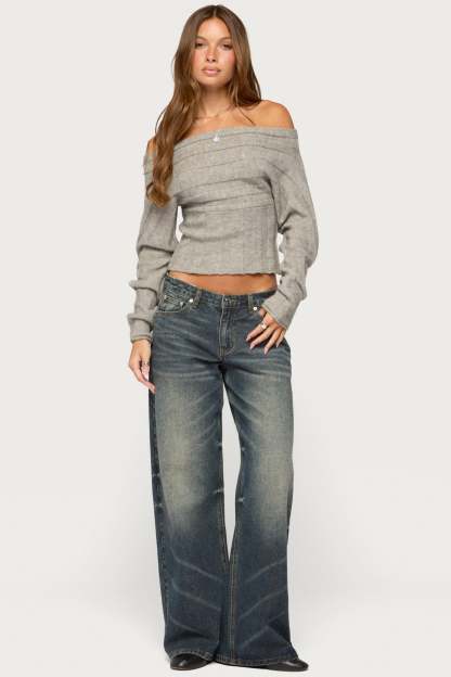 Leva Off Shoulder Knitted Sweater - GRAY-MELANGE