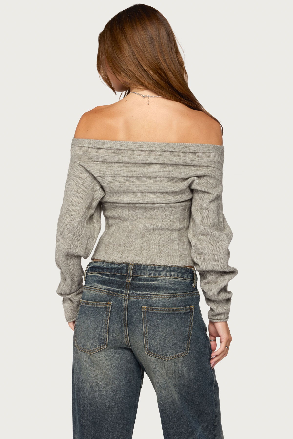 Leva Off Shoulder Knitted Sweater - GRAY-MELANGE