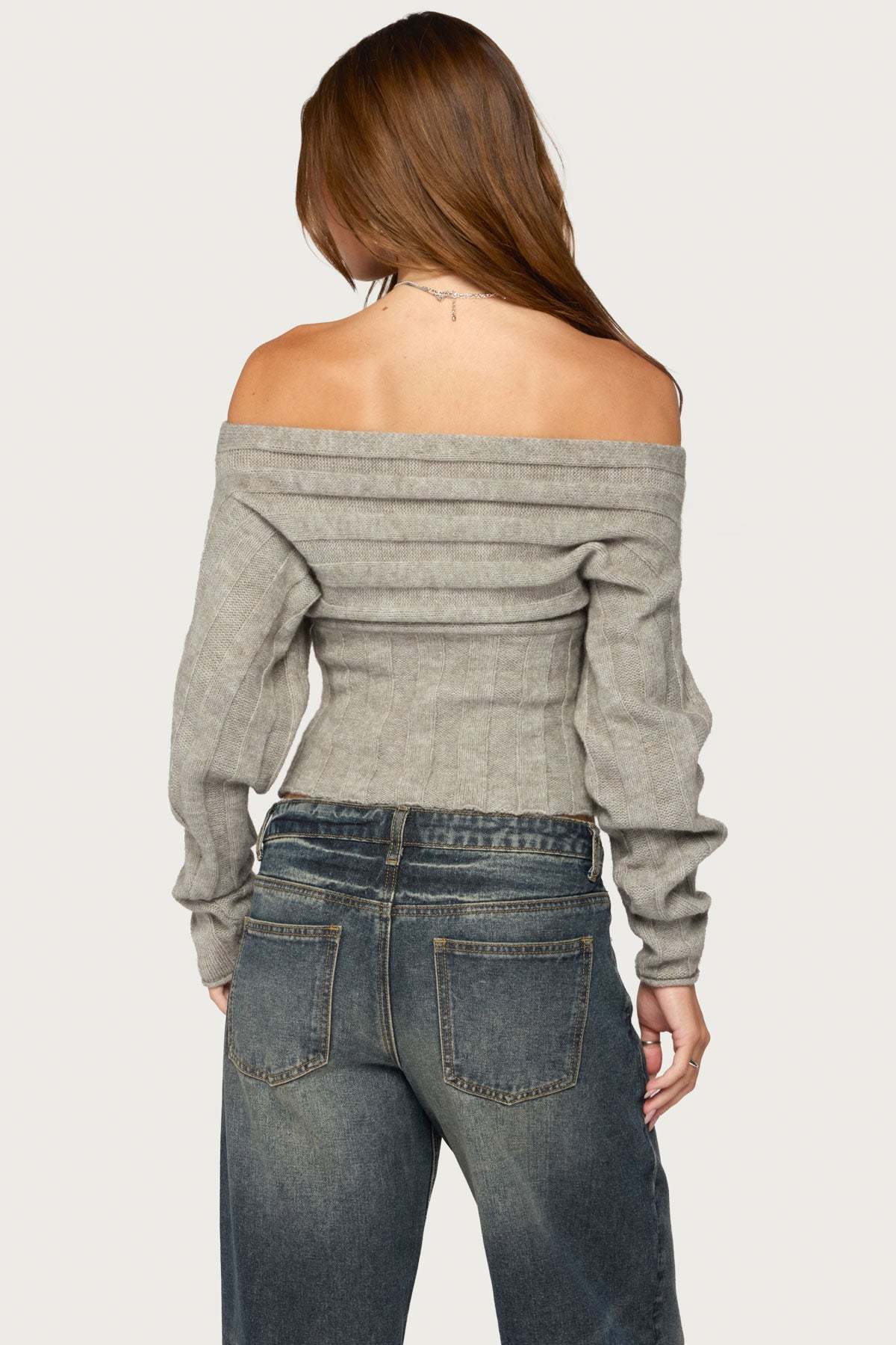 Leva Off Shoulder Knitted Sweater - GRAY-MELANGE