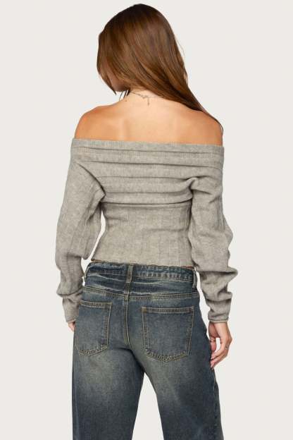Leva Off Shoulder Knitted Sweater - GRAY-MELANGE