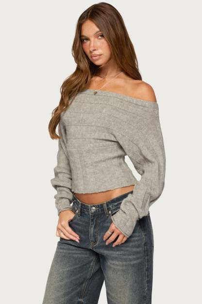 Leva Off Shoulder Knitted Sweater - GRAY-MELANGE