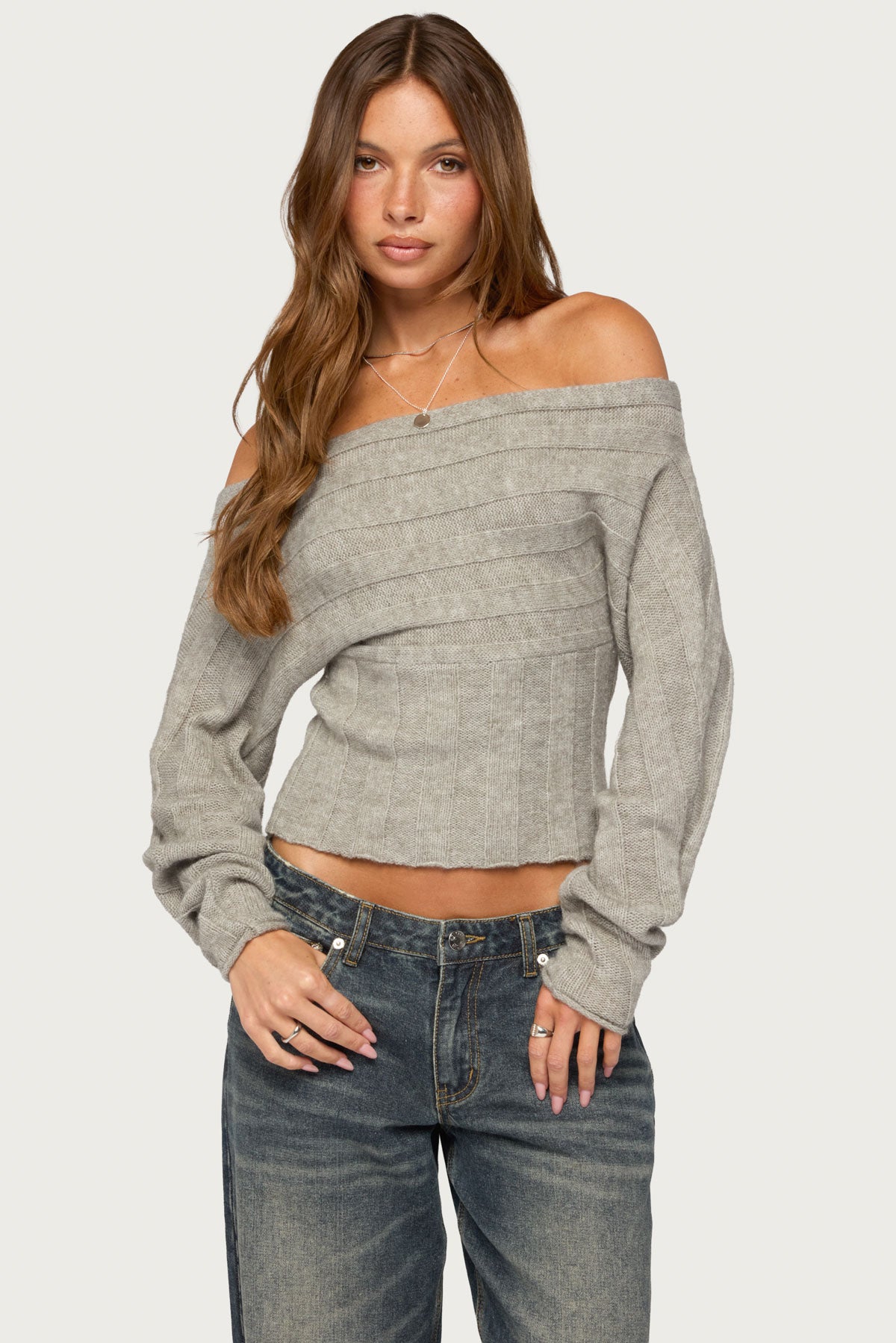 Leva Off Shoulder Knitted Sweater - GRAY-MELANGE