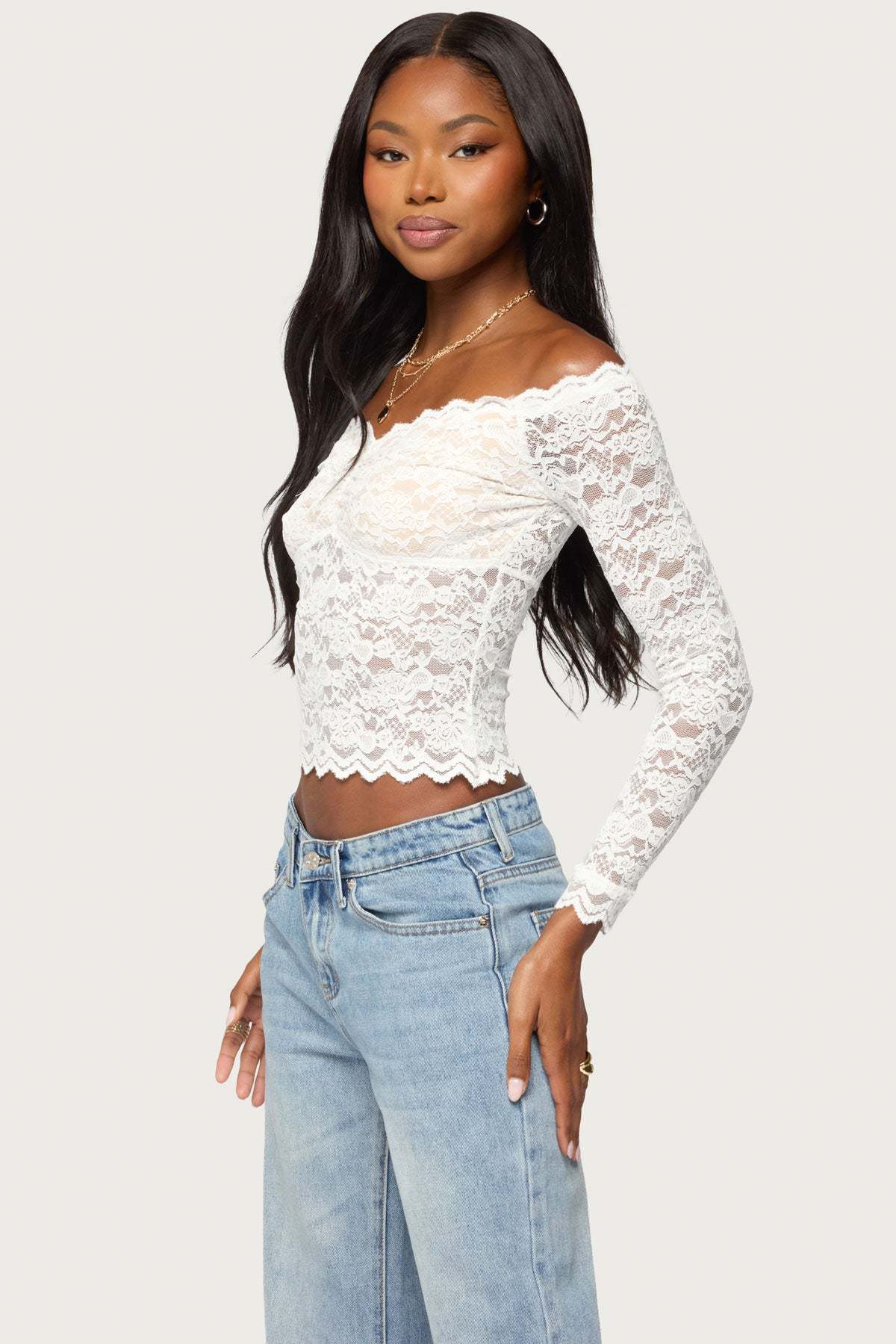 Thaia Sheer Lace Long Sleeve Top - WHITE