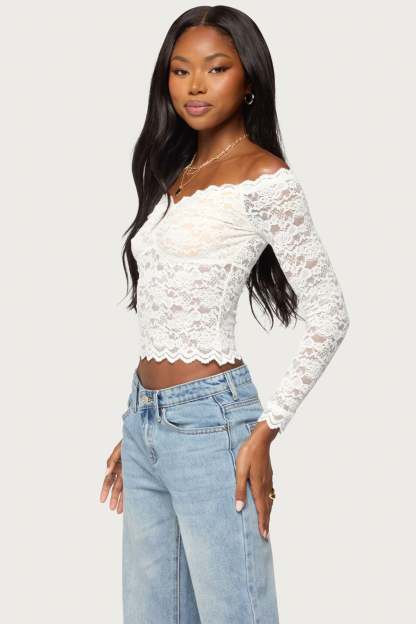 Thaia Sheer Lace Long Sleeve Top - WHITE