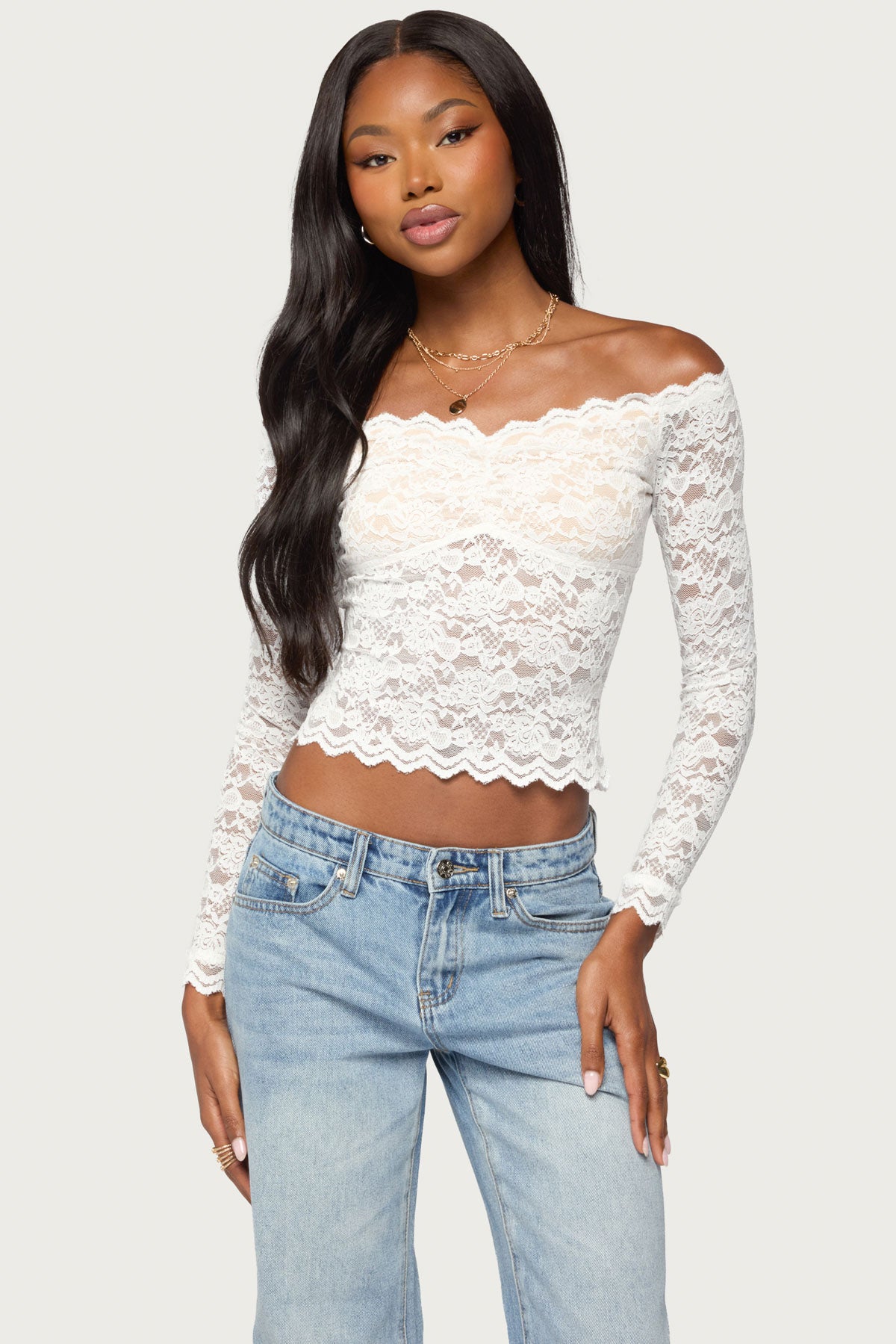 Thaia Sheer Lace Long Sleeve Top - WHITE