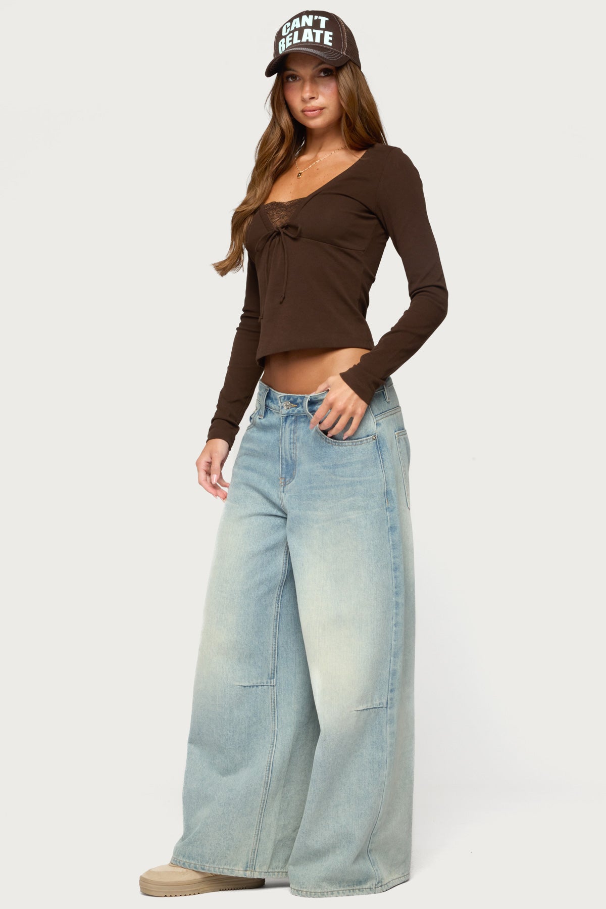 Saela Lacey Long Sleeve Top - BROWN