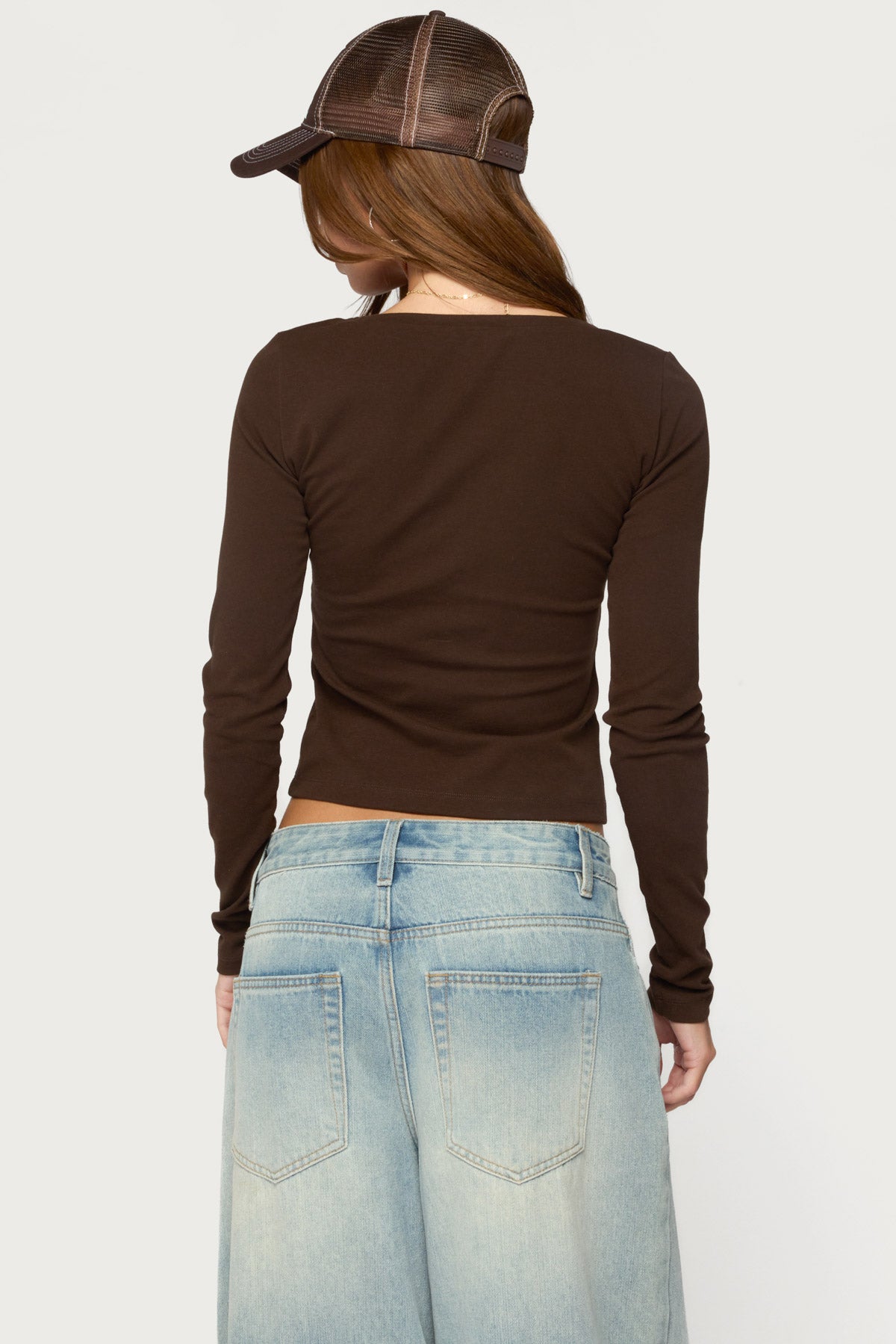 Saela Lacey Long Sleeve Top - BROWN