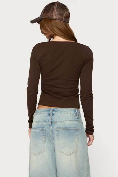 Saela Lacey Long Sleeve Top - BROWN