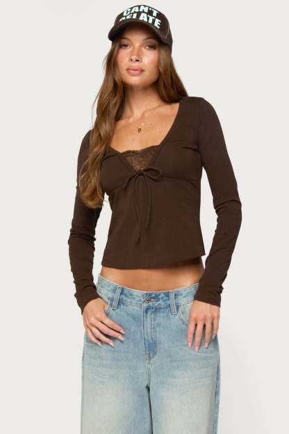 Saela Lacey Long Sleeve Top - BROWN