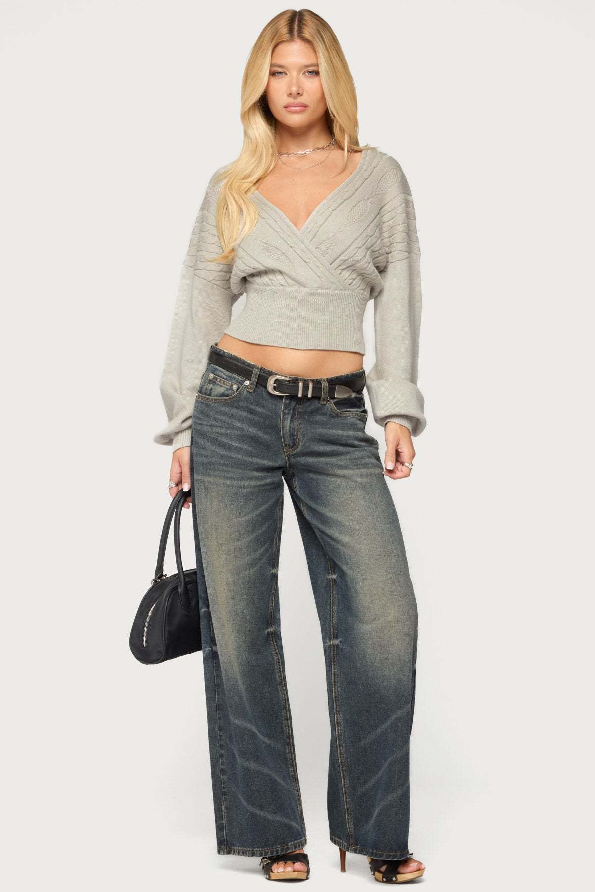 Aloa Cable Knit Wrap Sweater - LIGHT-GRAY