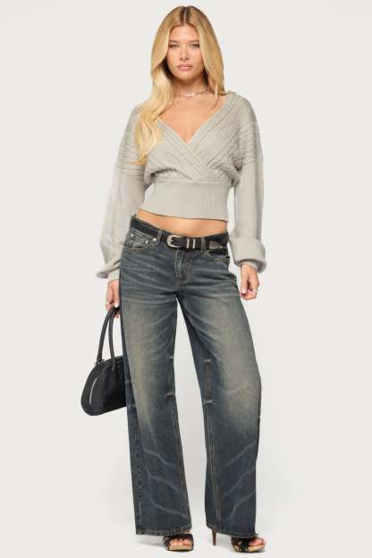 Aloa Cable Knit Wrap Sweater - LIGHT-GRAY