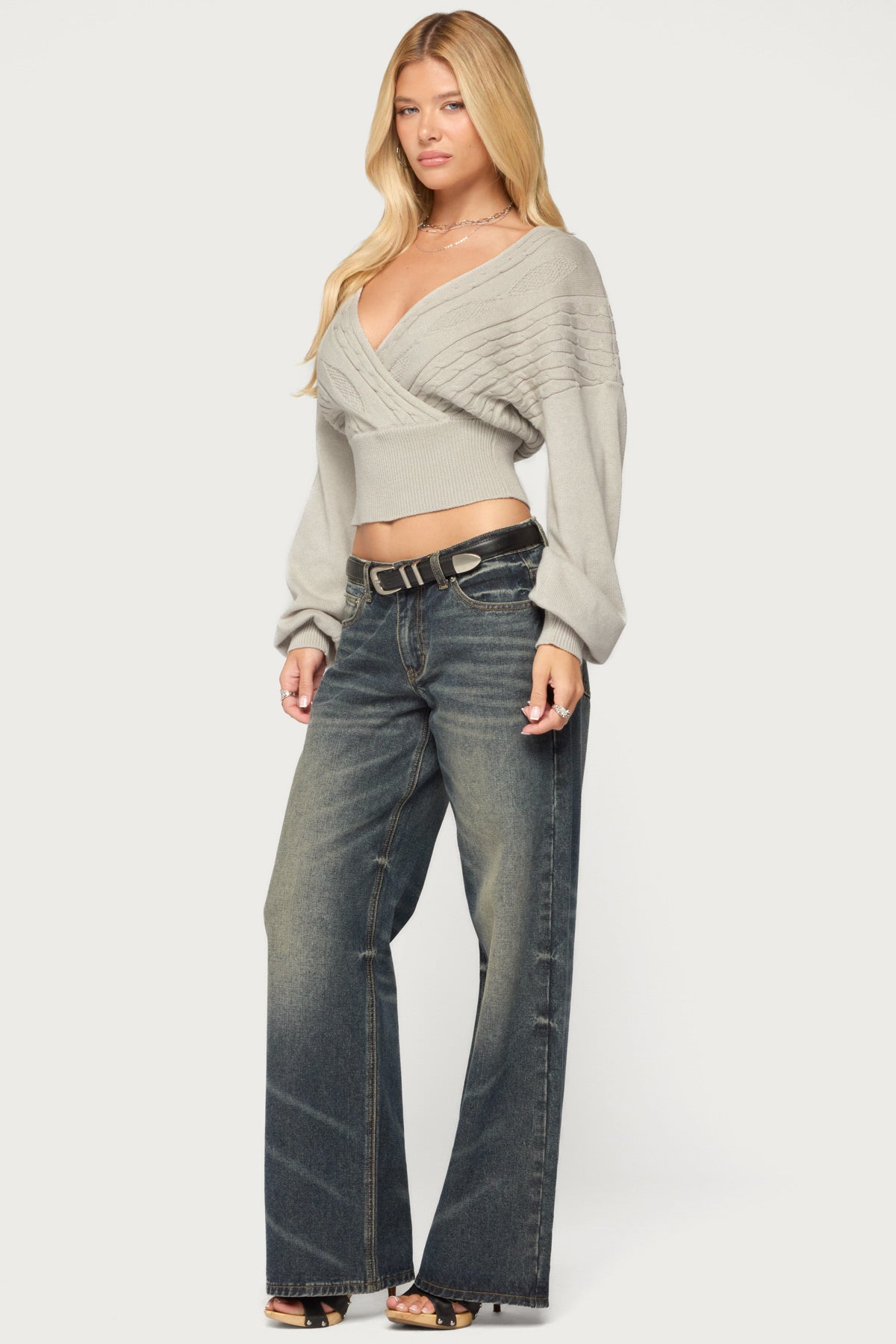Aloa Cable Knit Wrap Sweater - LIGHT-GRAY