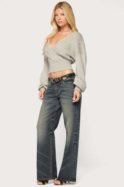 Aloa Cable Knit Wrap Sweater - LIGHT-GRAY