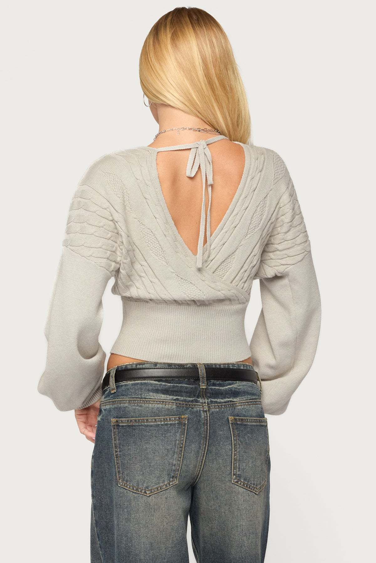Aloa Cable Knit Wrap Sweater - LIGHT-GRAY