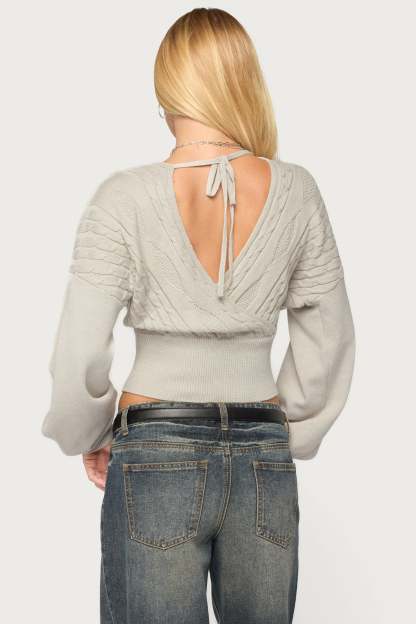 Aloa Cable Knit Wrap Sweater - LIGHT-GRAY