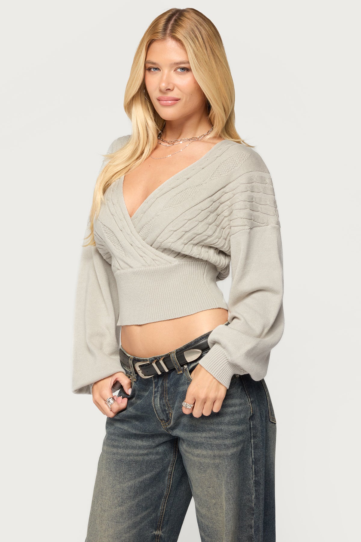 Aloa Cable Knit Wrap Sweater - LIGHT-GRAY