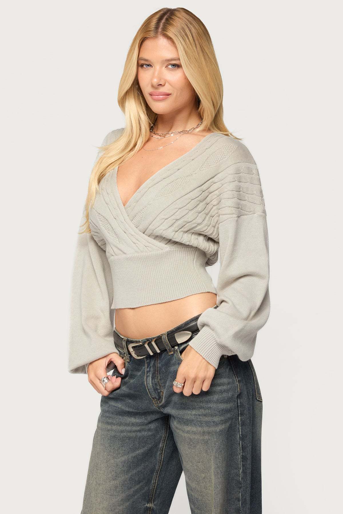 Aloa Cable Knit Wrap Sweater - LIGHT-GRAY