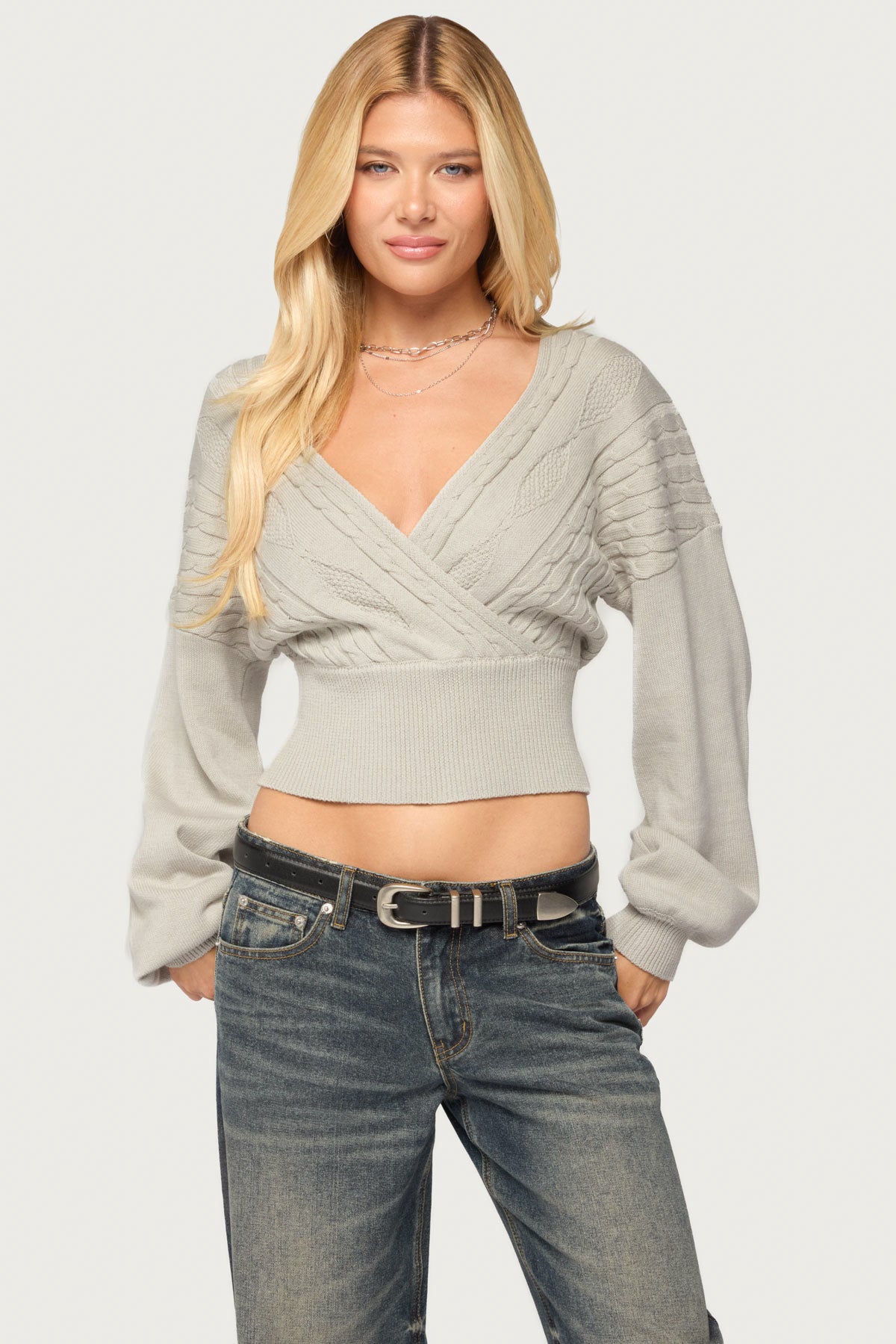 Aloa Cable Knit Wrap Sweater - LIGHT-GRAY