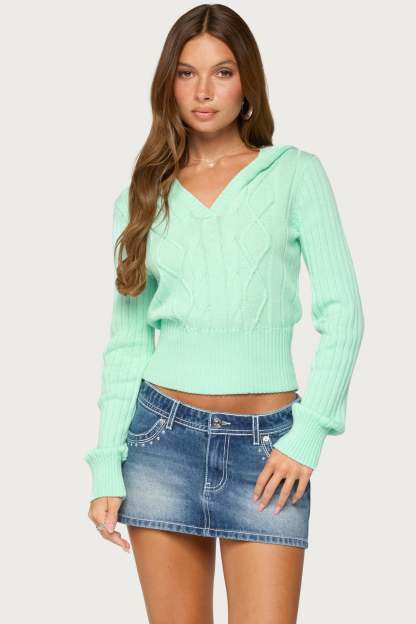 Lali Cable Knit Hooded Sweater - MINT