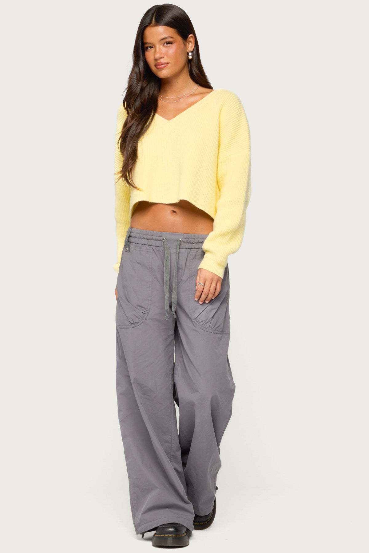 Aima V Neck Ribbed Knit Sweater - LIGHT-YELLOW