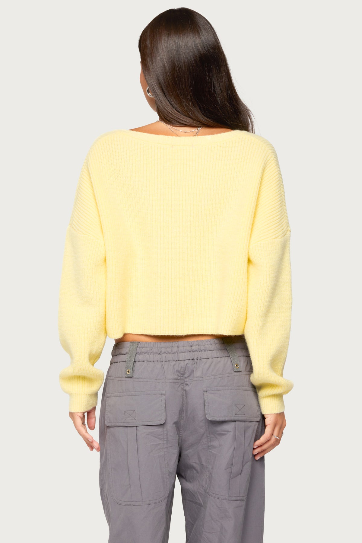 Aima V Neck Ribbed Knit Sweater - LIGHT-YELLOW