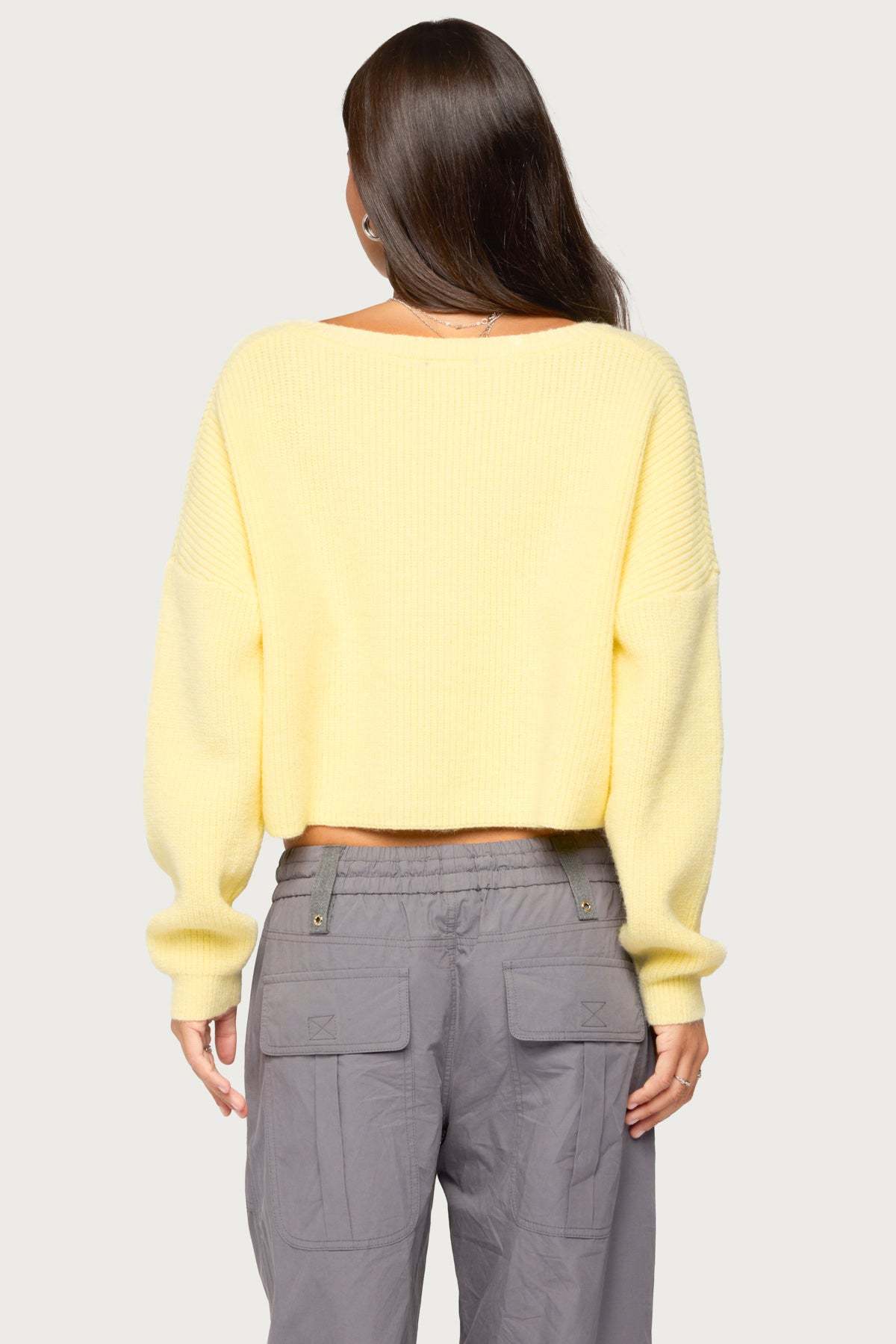 Aima V Neck Ribbed Knit Sweater - LIGHT-YELLOW