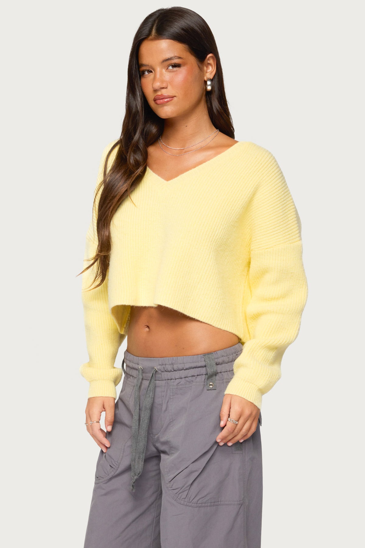 Aima V Neck Ribbed Knit Sweater - LIGHT-YELLOW