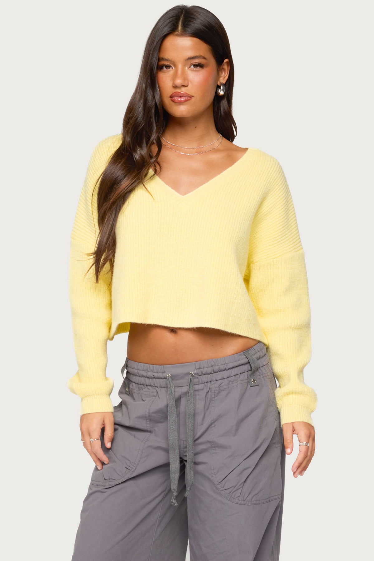 Aima V Neck Ribbed Knit Sweater - LIGHT-YELLOW