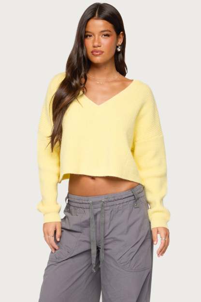 Aima V Neck Ribbed Knit Sweater - LIGHT-YELLOW