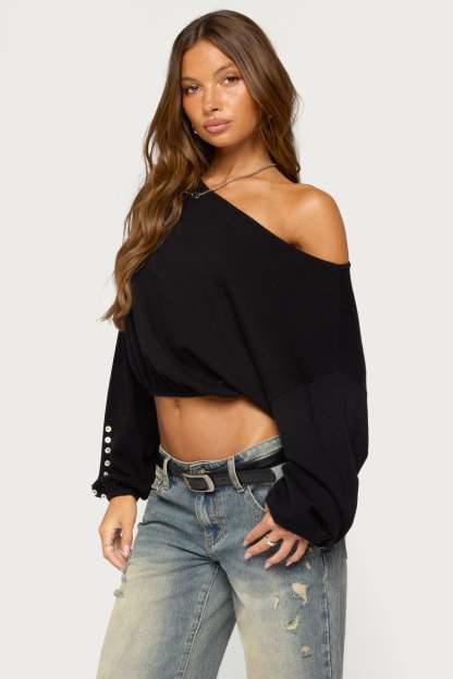 Gella Long Sleeve Knit Crop Top - BLACK