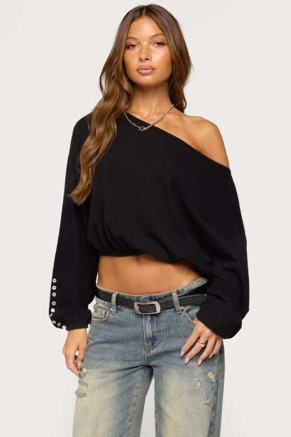 Gella Long Sleeve Knit Crop Top - BLACK
