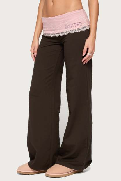 Chrissie Lacey Contrast Foldover Pants - BROWN