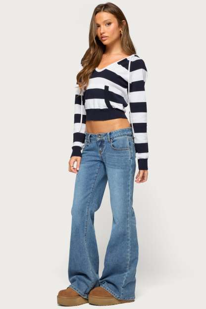 Taylin Hooded Striped Knit Top - NAVY-AND-WHITE