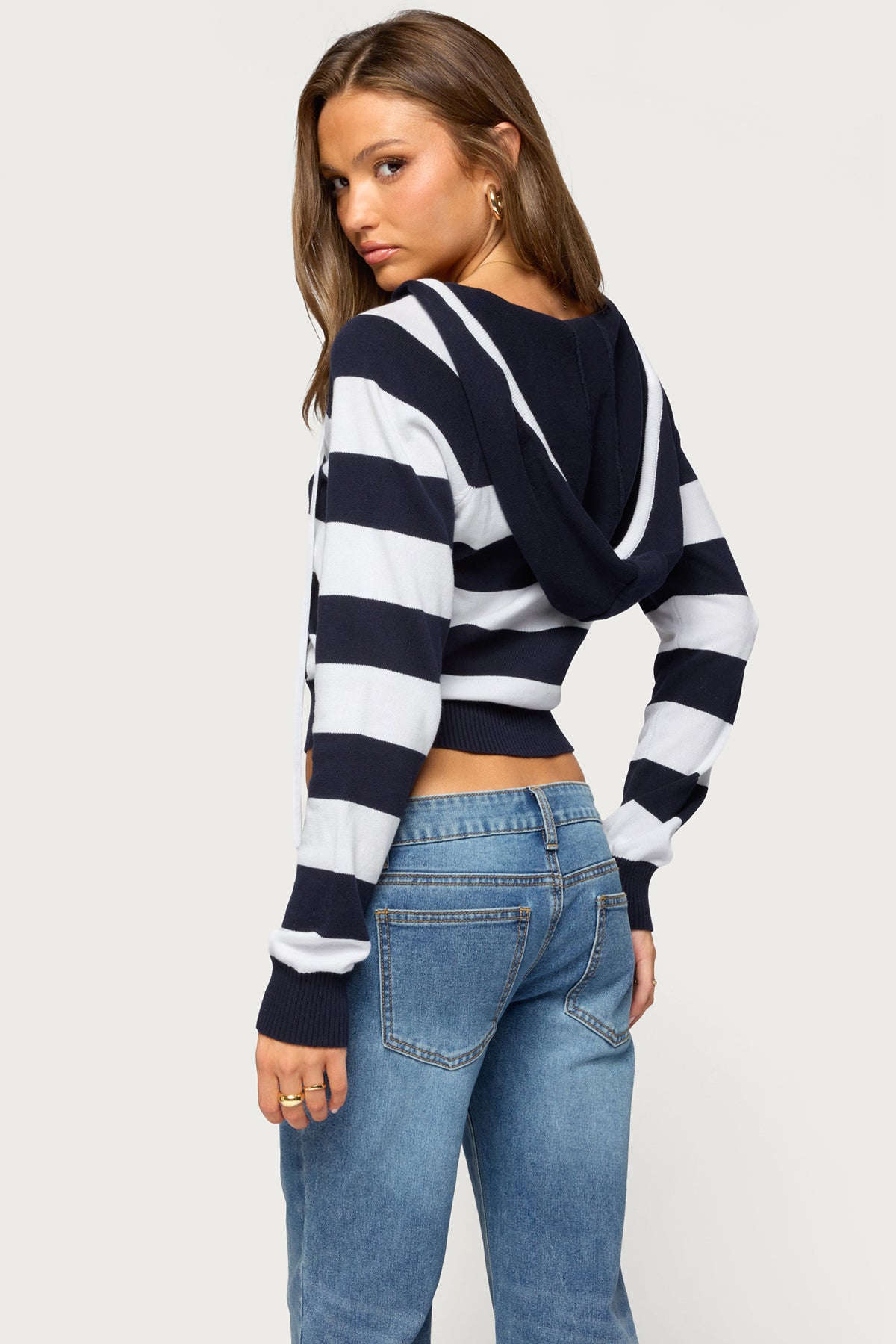 Taylin Hooded Striped Knit Top - NAVY-AND-WHITE