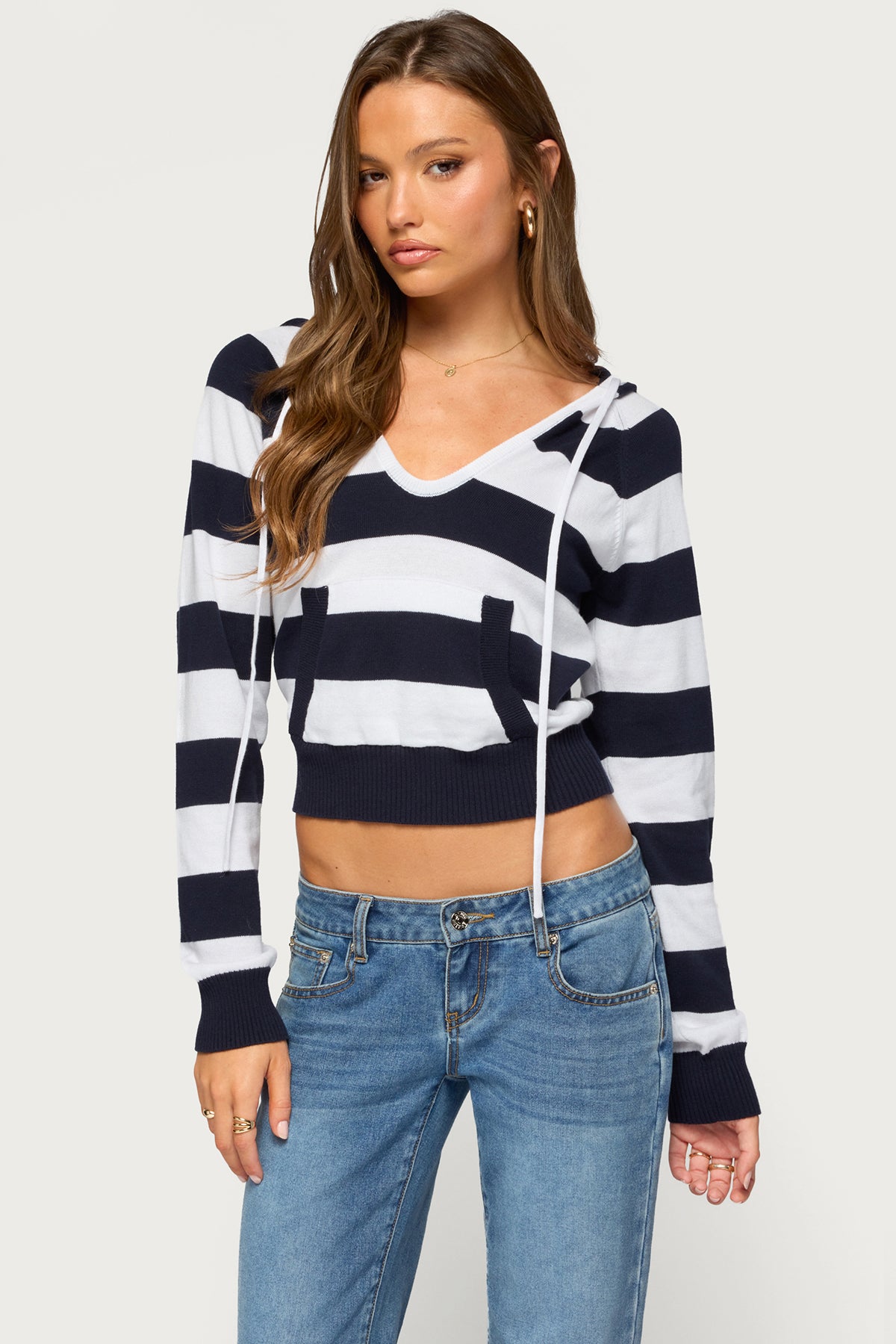 Taylin Hooded Striped Knit Top - NAVY-AND-WHITE