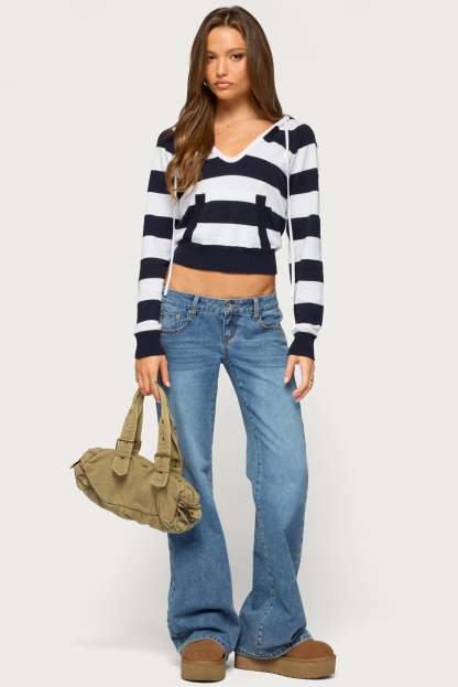 Taylin Hooded Striped Knit Top - NAVY-AND-WHITE