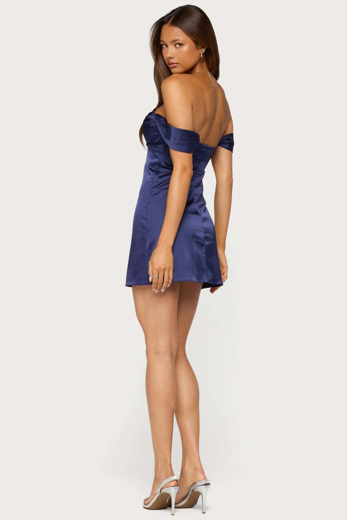 Kadi Off Shoulder Satin Effect Mini Dress - NAVY