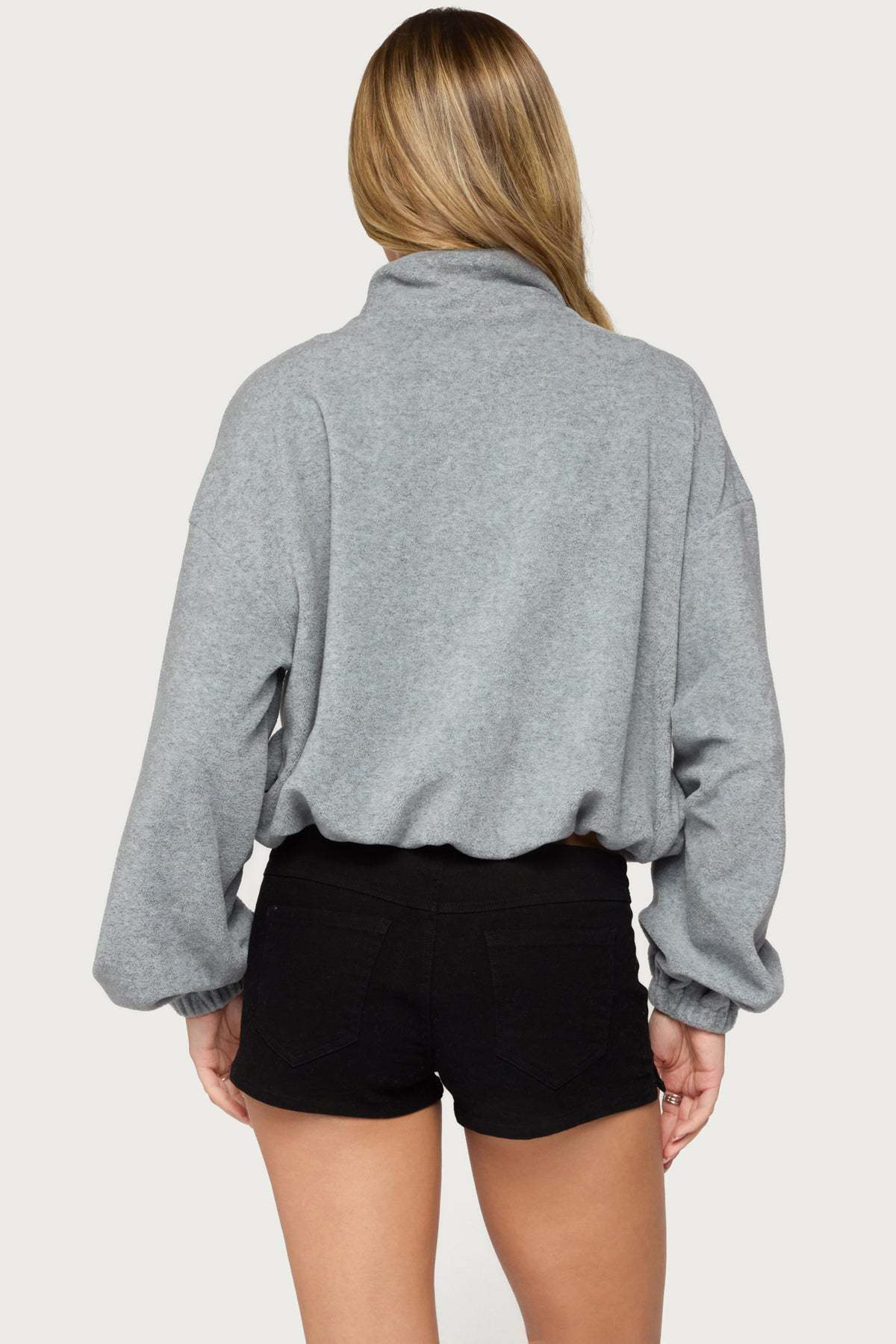 Olysa High Neck Oversized Fleece Jacket - GRAY-MELANGE