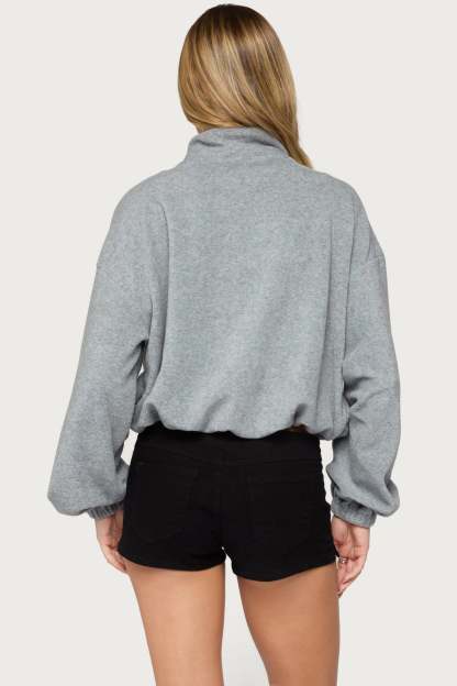 Olysa High Neck Oversized Fleece Jacket - GRAY-MELANGE