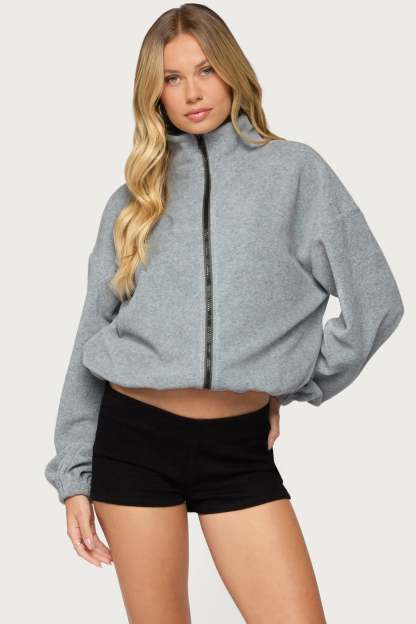 Olysa High Neck Oversized Fleece Jacket - GRAY-MELANGE