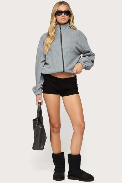 Olysa High Neck Oversized Fleece Jacket - GRAY-MELANGE