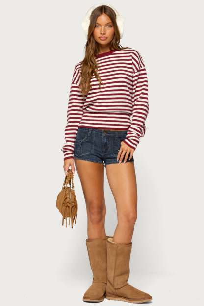 Marren Striped Knit Sweater - MAROON-AND-WHITE