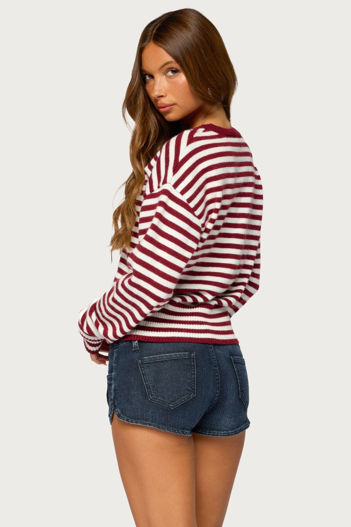 Marren Striped Knit Sweater - MAROON-AND-WHITE