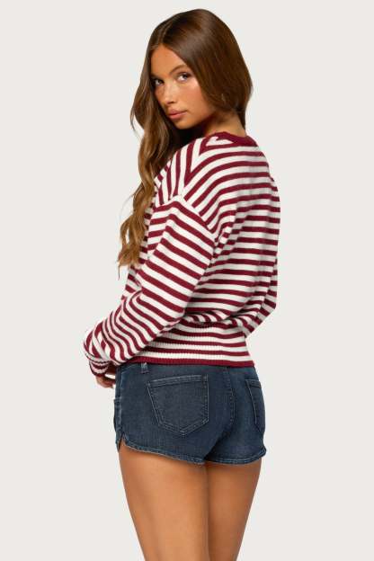 Marren Striped Knit Sweater - MAROON-AND-WHITE
