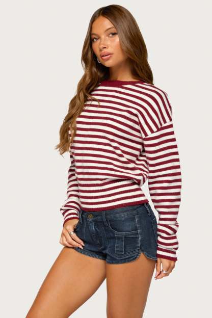 Marren Striped Knit Sweater - MAROON-AND-WHITE