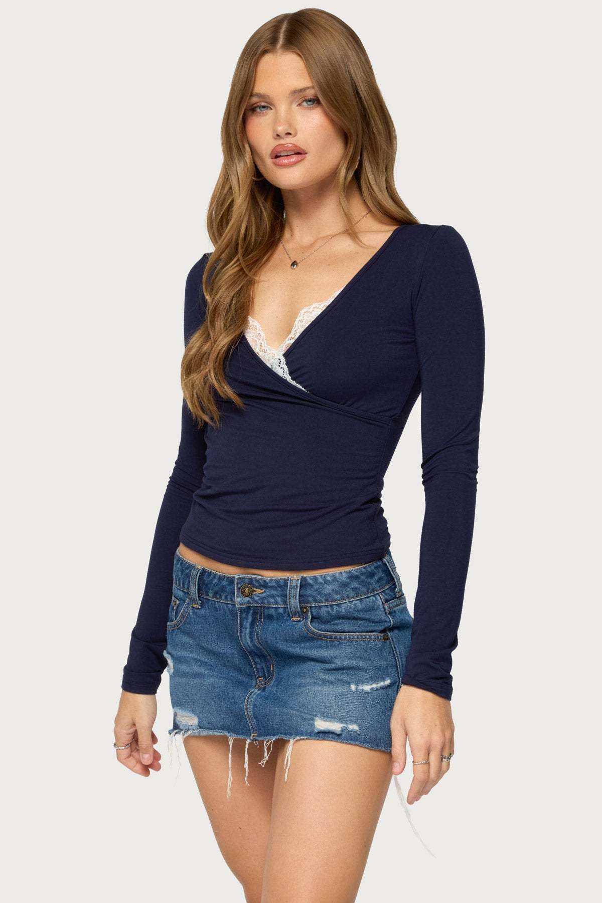 Sanel Lacey Long Sleeve Top - NAVY-AND-WHITE