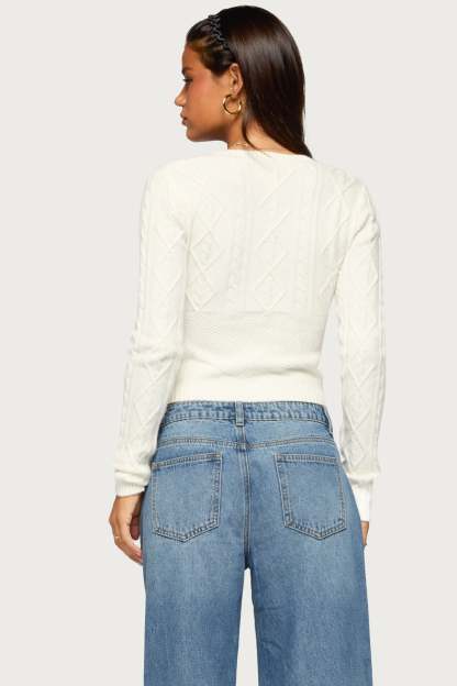 Kitti V Neck Cable Knit Sweater - CREAM
